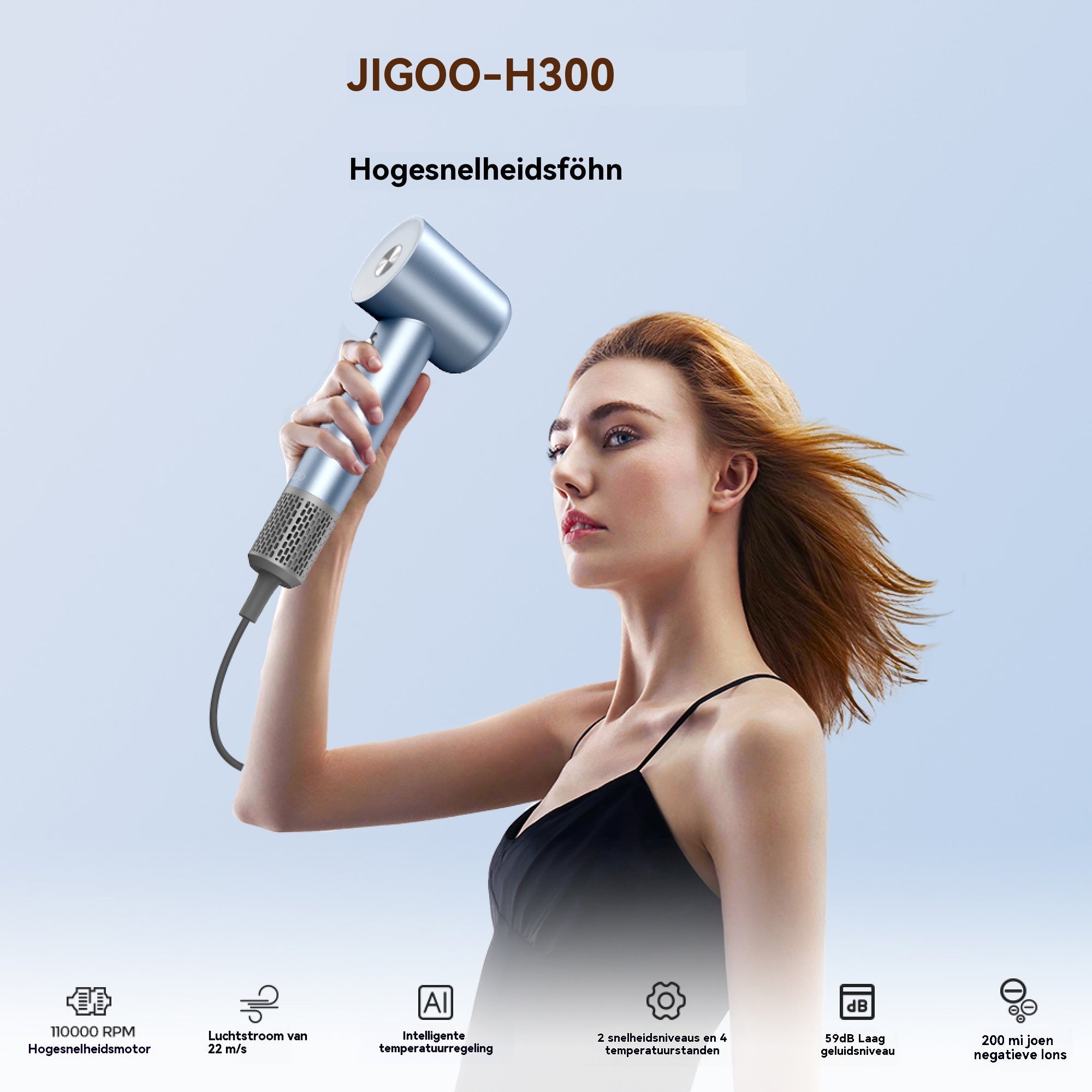 JIGOO H300 Hogesnelheid Haardroger | 110.000 rpm, 200 miljoen negatieve ionen, laag geluidsniveau - 7CHOCO - 6976818760150